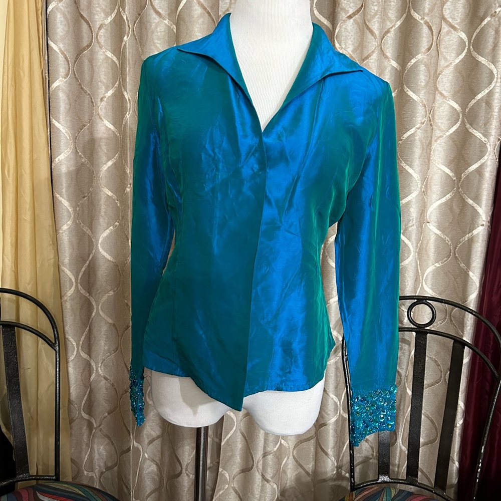Jesire Elegant Teal Women's Top with Beaded Cuffs